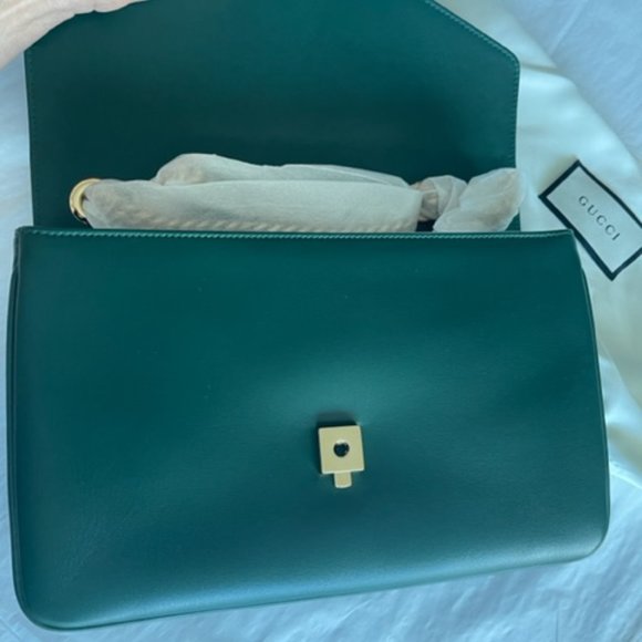 Gucci Rajah Chain Shoulder Bag Leather Medium Gold Dark Green Handbag Vitello NW - Picture 13 of 16